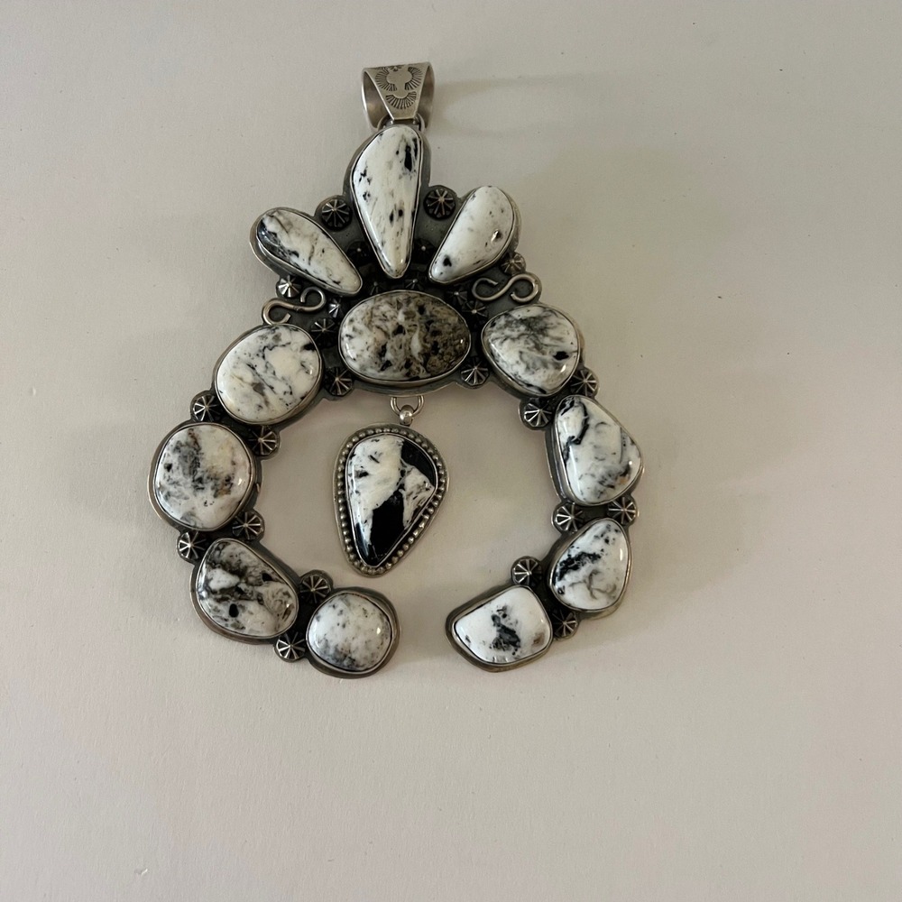 Navajo Style Sterling Silver White Buffalo Turquoise‎ Naja Pendant Signed 4 x 6"